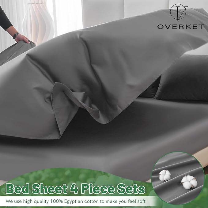 Egyptian Cotton Sheets Full Size 4PCS 1000 Thread Count Sateen Weave Soft Breathable 16-Inch Deep Pocket （Full,Dark Grey）