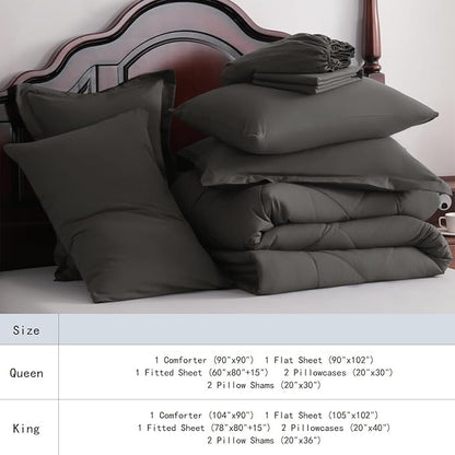 NTBAY Queen Comforter Set with Sheets, 7 Pieces Soft and Breathable Queen Bedding Set, Bed in a Bag, Down Alternative Comforter Set Solid Color All Season, Queen Bedding Set, Dark Grey