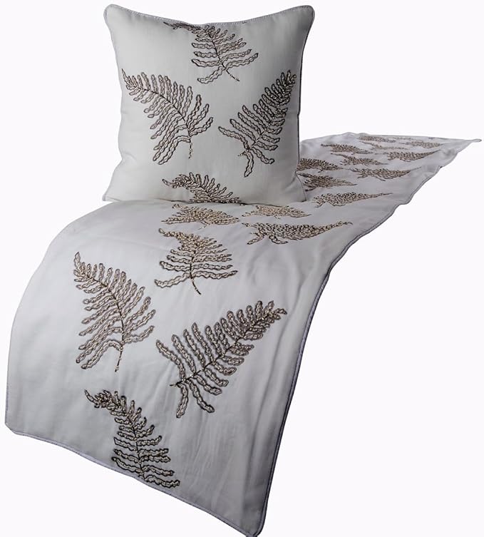 The HomeCentric White Bed Runner Without Pillow Cover, King Size 90"x18" Decorative Bed Runner, White Linen Bed Scarf in Fern Embroidery & Pearl - Fern Blossom