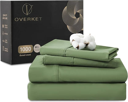 1000 Thread Count Egyptian Cotton Sheets Queen Size Set Sateen Weave Soft Breathable 16-Inch Deep Pocket 4PCS（Queen,Olive Green）