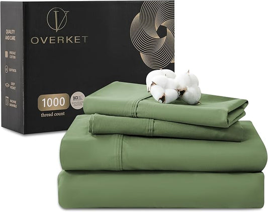 100% Egyptian Cotton Sheets Cal King Sheet Set 1000 Thread Count Sateen Weave Soft Breathable 16-Inch Deep Pocket 4PCS（California King,Olive Green）