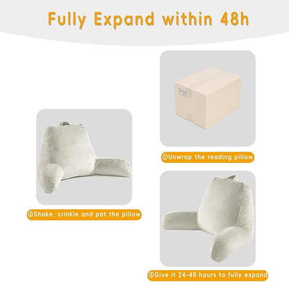 Reading Pillow for Sitting in Bed Adult, Reading Pillow with Shredded Memory Foam, Bed Pillow with Washable Cover, Back Pillow Sitting Up with Extend Arms, Beige, X-Large