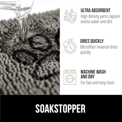 GORILLA GRIP SOAKSTOPPER Dog Door Mat, 35x24 Machine Washable Rug Absorbent Doormat Captures Moisture Mud Dirt, Quick Dry Soft Chenille Entryway Rugs Indoor Entrance Mats for Dog Paws, Paw Gray