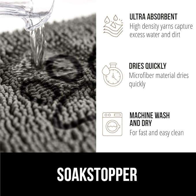 GORILLA GRIP SOAKSTOPPER Dog Door Mat, Machine Washable Rug Absorbent Doormat Captures Moisture Mud Dirt, Quick Dry Soft Chenille Entryway Rugs Indoor Entrance Mats for Dog Paws, 24x17 Paw Gray