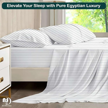 NON Sticky cotton Queen Size Sleeper Sofa Sheets, 4 Piece Egyptian Cotton Bed Sheet Set for Sofa Bed, 10" Deep Pocket for Pull Out Couch Mattress, 60" x 75", White Stripe, Soft & Breathable