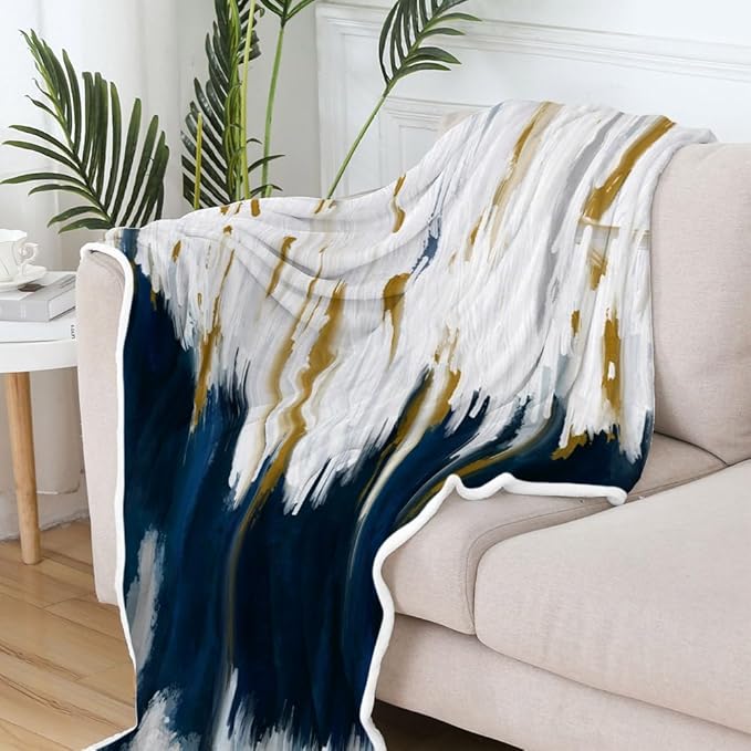Abstract Ombre Throw Blankets, Modren Chic Art Oil Painting Cozy Warm Bed Couch Blanket, Blue Gold White Fleece Flannel Throws to Decorate The Room and Bedroom