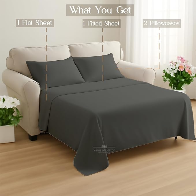 Sleeper Sofa 4 Piece Bed Sheet Set Premium Quality 100% Cotton 500 Thread Count, Smooth & Super Soft Sateen Weave, Extra Soft Bed Sheets, Wrinkle Free, 4 Inch Deep Pocket (Full, Dark Grey)