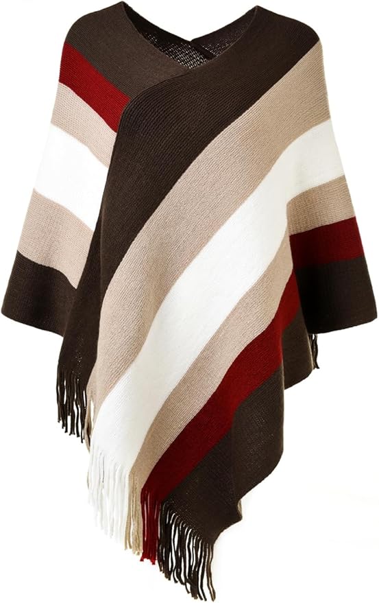 Ferand Women's Striped Poncho Sweater Cozy Knit Fringe Shawl Wraps for Fall Winter
