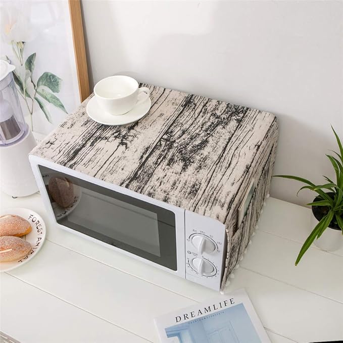 AKOAK 1 Pack 30cm x 90cm/11.81" x 35.43" Household Kitchen Microwave Dust Cover Cotton Linen Oven Cover with Storage Bag Home Decoration Accessories (Wood Grain)