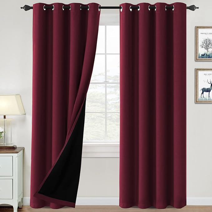 H.VERSAILTEX 100% Blackout Curtains for Bedroom Thermal Insulated Blackout Curtains 96 inch Length Full Light Blocking Curtains for Living Room with Black Liner 2 Panels Set, Burgundy