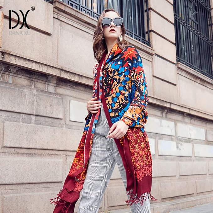 DANA XU 100% Merino Wool Pashmina Shawl for Women 96"x43", Oversized Cashmere Wrap with Tassels, Floral Travel Blanket Cape