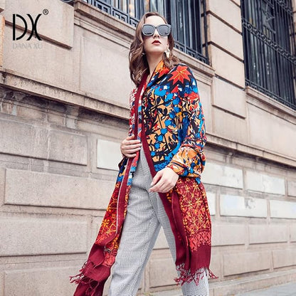 DANA XU 100% Merino Wool Pashmina Shawl for Women 96"x43", Oversized Cashmere Wrap with Tassels, Floral Travel Blanket Cape