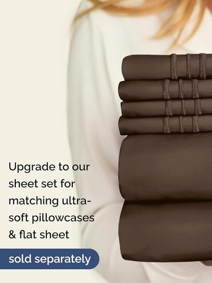 Extra Deep Split King Fitted Sheet - Hotel Luxury Single Fitted Sheet Only - Easily Fits 18 inch to 24 inch Mattress - Ultra Soft, Wrinkle & Fade Free w/Extra Deep Pocket - Breathable & Comfy - Brown