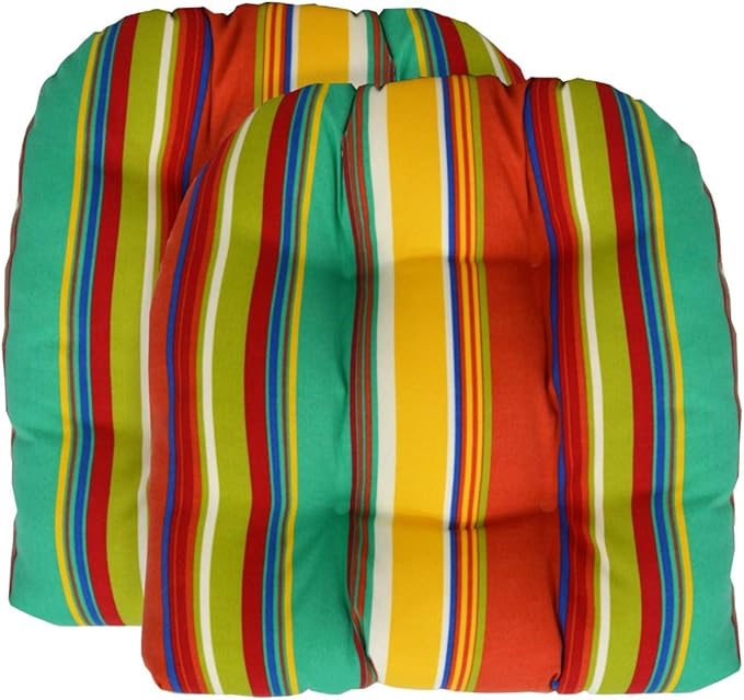 RSH DECOR: Tufted U-Shape Wicker Seat Cushions Set of 2 | 19” x 19” | All-Weather Spun Fabric | Water-Resistant | Outdoor Chair Cushions for Patio Furniture | Bright Colorful Stripe - Made in USA