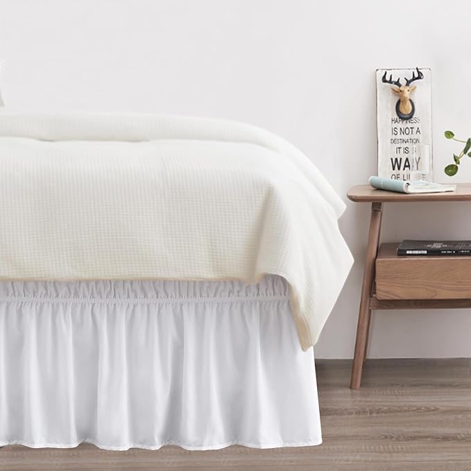 Twin Bed Skirt, Elastic Wrap Around Bed Skirt Twin Size, Bed Skirts for Adjustable Bed, Easy Fit with 18" Drop Length Tailored Drop Dust Ruffle (White)