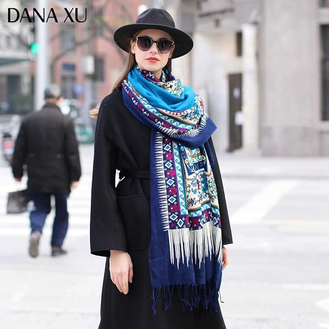 DANA XU 100% Merino Wool Pashmina Shawl for Women 96"x43", Oversized Cashmere Wrap with Tassels, Floral Travel Blanket Cape