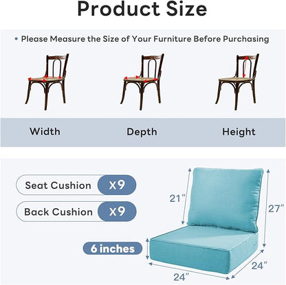 6" Thicker Outdoor Chair Cushion 9 Sets - 24" *24" *6" Waterproof Patio Furniture Cushions with Removable Cover, 28D High Density Sponge Filling Thicken Outdoor Patio Cushions - Turquoise