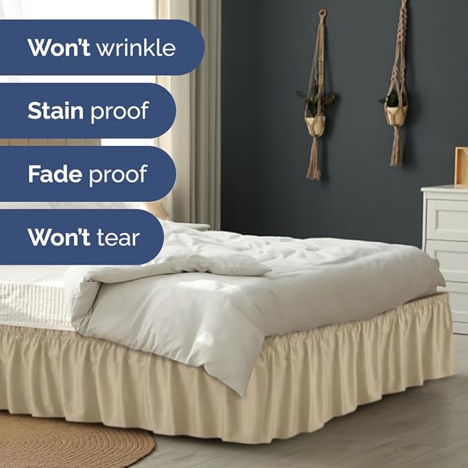 Wrap Around Dust Ruffle Bed Skirt - Beige - for Queen Size Beds w/ 16 Inch Drop - Easy Fit Elastic Strap - Adjustable Pleated Bedskirt w/Brushed Fabric, Wrinkle & Fade Free Women, Men, Kids & Teens