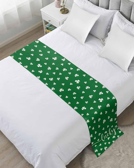 St Patrick's Day Lucky Leaves Bed Runners for Bedroom Hotel,Decorative Bedding Scarf White Shamrock on Green Bed End Blanket Bedding Runner Scarves for Full Size Bed,83x20in