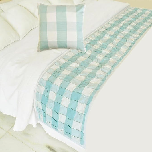 The HomeCentric King/Queen/Twin Aqua Decorative Bed Runner Full 68"x18" Bed Runner with Two Pillow Cover, Checkered, Buffalo Plaid, Check Bed Scarf on Cotton Fabric - Aqua Plaid Knots