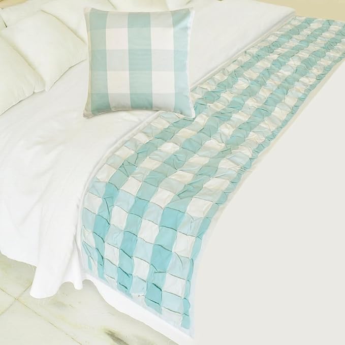 The HomeCentric King/Queen/Twin Aqua Decorative Bed Runner CA King 86"x18" Bed Runner Without Pillow Cover, Checkered, Buffalo Plaid, Check Bed Scarf on Cotton Fabric - Aqua Plaid Knots
