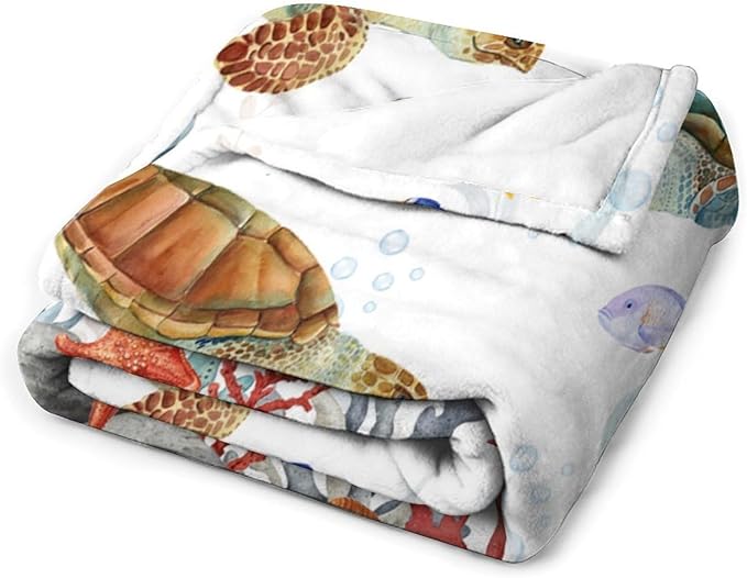 Sea Turtle Throw Blanket, Teal Blue Ocean Underwater Animal Starfish Fish Nautical Coastal Theme Fleece Flannel Blanket for Couch Sofa Bedroom Adults Kids, 50"x60"