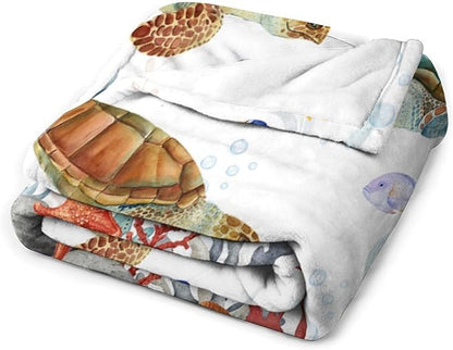 Sea Turtle Throw Blanket, Teal Blue Ocean Underwater Animal Starfish Fish Nautical Coastal Theme Fleece Flannel Blanket for Couch Sofa Bedroom Adults Kids, 50"x60"