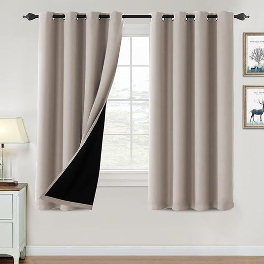 H.VERSAILTEX 100% Blackout Curtains for Bedroom Thermal Insulated Black Out Curtains 63 inch Long, Heat and Full Light Blocking Curtains for Living Room with Black Liner 2 Panels Set, Natural Sand