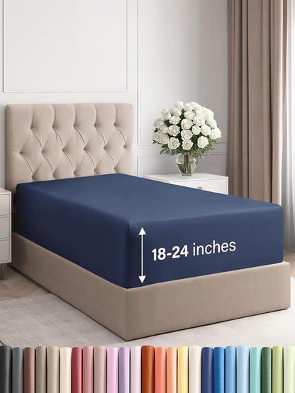 Extra Deep Twin Fitted Sheet - Hotel Luxury Single Fitted Sheet Only - Easily Fits 18 inch to 24 inch Mattress - Ultra Soft, Wrinkle & Fade Free w/Extra Deep Pockets - Breathable & Comfy - Navy Blue