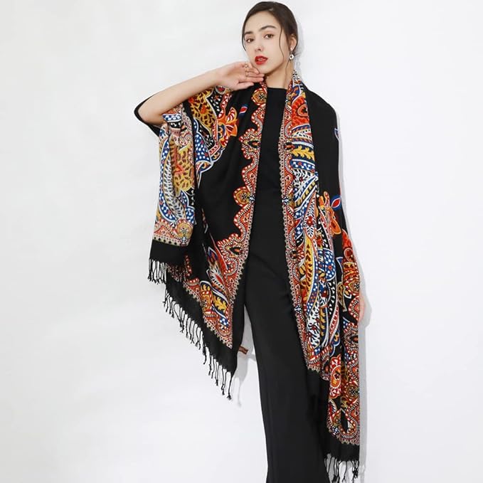 DANA XU 100% Merino Wool Pashmina Shawl for Women 96"x43", Oversized Cashmere Wrap with Tassels, Floral Travel Blanket Cape