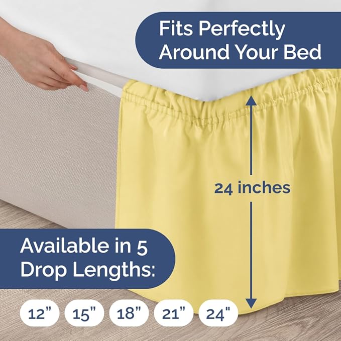 Wrap Around Dust Ruffle Bed Skirt - Yellow - for King Size Beds with 24 Inch Drop - Easy Fit Elastic Strap - Adjustable Pleated Bedskirt w/Brushed Fabric - Wrinkle Free - for Women, Men, Kids & Teens