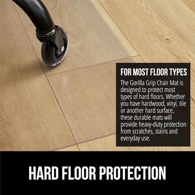 GORILLA GRIP Office Chair Mat for Hardwood Floors, 29x47 Smooth Glide Slip Resistant Under Desk Hard Wood Floor Protector, Stay in Place Plastic Computer Mats for Rolling Office Chairs, Clear Lip