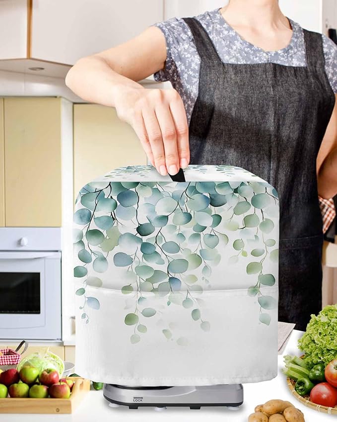 Eucalyptus Leaves Stand Mixer Dust Cover with Storage Pocket & Handles, Fits All Tilt Head & Bowl Lift Spring Botanical Vines Kitchen Appliance Cover Organizer Watercolor Bag Accessories, 6-8 Quart