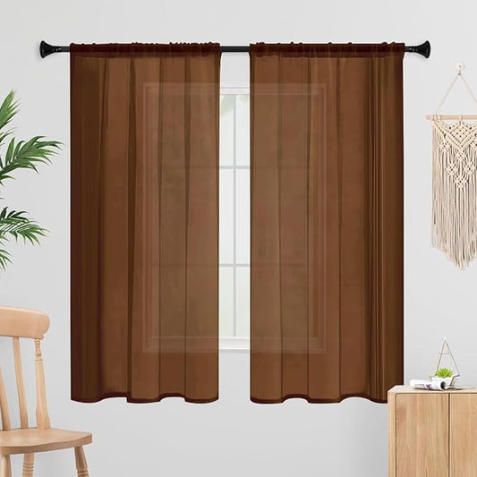 Sheer Curtains 63 Inches Long 2 Panels, Rod Pocket Short Curtain for Kitchen, Bedroom, Cafe Window(Brown 38" W x 63" L)