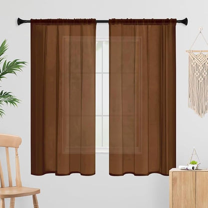 Sheer Curtains 45 Inches Long 2 Panels, Rod Pocket Short Curtain for Kitchen, Bedroom, Cafe Window(Brown 38" W x 45" L)