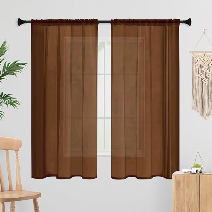 Sheer Curtains 54 Inches Long 2 Panels, Rod Pocket Short Curtain for Kitchen, Bedroom, Cafe Window(Brown 38" W x 54" L)