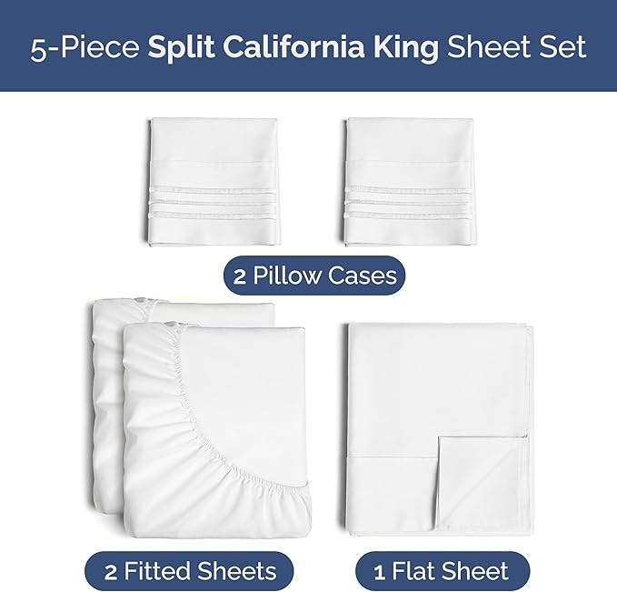 Split California King Bed Sheets - Extra Soft Split California King Sheets Sets – Designed for Split California King Mattresses – Cal King Split Fits 14" to 16" Deep Pocket Fitted Sheet Set – White
