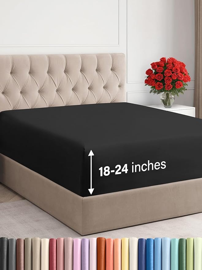 Extra Deep Queen Fitted Sheet - Hotel Luxury Single Fitted Sheet Only - Easily Fits 18 inch to 24 inch Mattress - Ultra Soft, Wrinkle Free w/Extra Deep Pockets - Easy-Care, Breathable & Comfy - Black