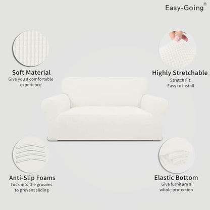 Easy-Going Stretch Loveseat Slipcover 1-Piece Sofa Cover Furniture Protector Couch Soft with Elastic Bottom for Kids Polyester Spandex Jacquard Fabric Small Checks (Loveseat, Cream)