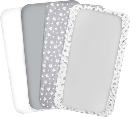 Pack and Play Sheets, 4 Pack Mini Crib Sheets, Stretchy Pack n Play Playard Fitted Sheet, Compatible with Graco Pack n Play, Soft and Breathable Material, Grey