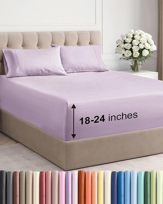 Extra Deep Pocket Queen Sheet Set - 4 Piece Breathable & Cooling Bed Sheets - Hotel Luxury Sheet Set - Ultra Soft, Wrinkle Free & Comfy - Fits Extra Deep Mattresses - Deep Pocket Light Lavender Sheets