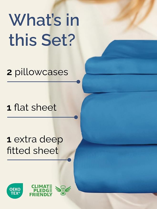 Extra Deep Pocket Cal King Sheets - 4 Piece Breathable & Cooling Bed Sheets - Hotel Luxury Sheet Set - Soft, Wrinkle Free & Comfy - Easily Fits Extra Deep Mattresses - Deep Pocket Denim Blue Sheets