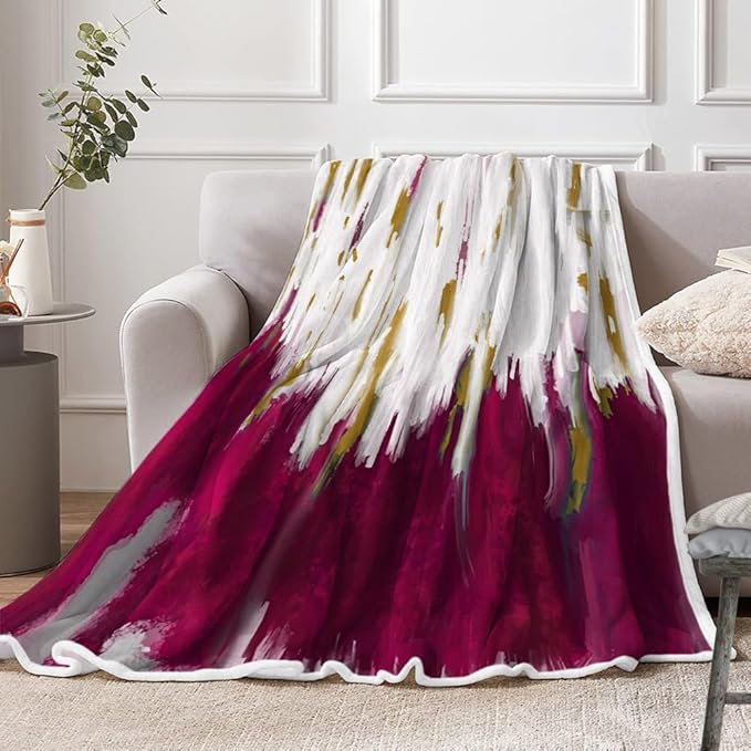 Abstract Ombre Throw Blankets, Modren Chic Art Oil Painting Cozy Warm Bed Couch Blanket, Hot Pink Gold White Fleece Flannel Throws to Decorate The Room and Bedroom