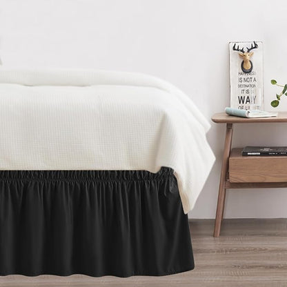Queen Bed Skirt, Elastic Wrap Around Bed Skirt Queen Size, Bed Skirts for Adjustable Bed, Easy Fit with 14" Drop Length Tailored Drop Dust Ruffle (Black)