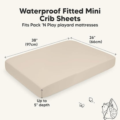 2-Pack Waterproof Pack and Play Sheets, Mini Crib Sheets Fitted for Boy, Girl - 38 x 26 Viscose from Bamboo Pack N Play Mattress Sheets for Graco, Toddler Playard Baby Crib Sheets Neutral (Macadamia)