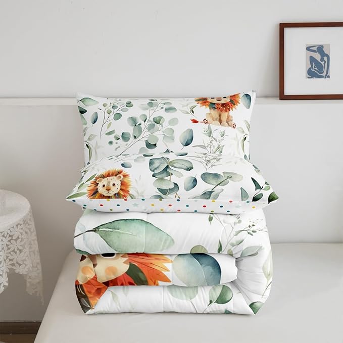 Erosebridal Cute Lion Bedding Toddler Size for Kids Child Green Eucalyptus Comforter Set Toddler, Woodland Animal Duvet Insert Plant Leaves Quilt Comforter, Cartoon Wildlife Bedding Comforters & Sets