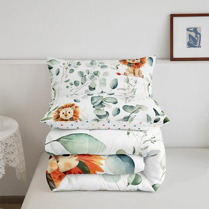 Erosebridal Cute Lion Bedding Twin Size for Kids Child Green Eucalyptus Comforter Set Twin, Woodland Animal Duvet Insert Plant Leaves Quilt Comforter, Cartoon Wildlife Bedding Comforters & Sets