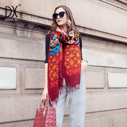 DANA XU 100% Merino Wool Pashmina Shawl for Women 96"x43", Oversized Cashmere Wrap with Tassels, Floral Travel Blanket Cape
