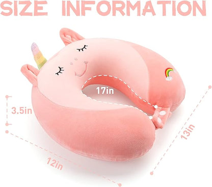 Niuniu Daddy Neck Pillow for Traveling, Pure Memory Foam Travel Neck Support Pillows for Airplane, Car Headrest Sleep - Age 8+ Children Kids Including Adults - Unicorn Travel Pillow