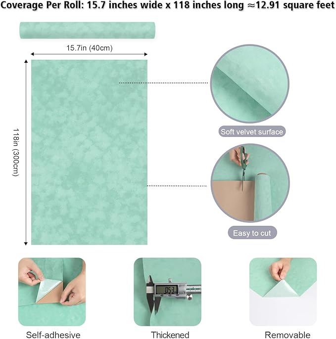 Self Adhesive Mint Green Velvet Fabric Liner for Drawers Dressers Soft Felt Drawer Liner Roll 15.7"x118" Removable Felt Fabric Wallpaper Velvet Contact Paper for Cabinets Jewelry Box Lining